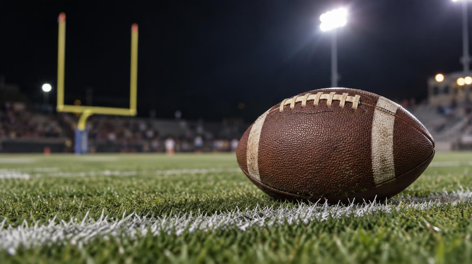 A football resting on a white yard line on a green grass field at night.