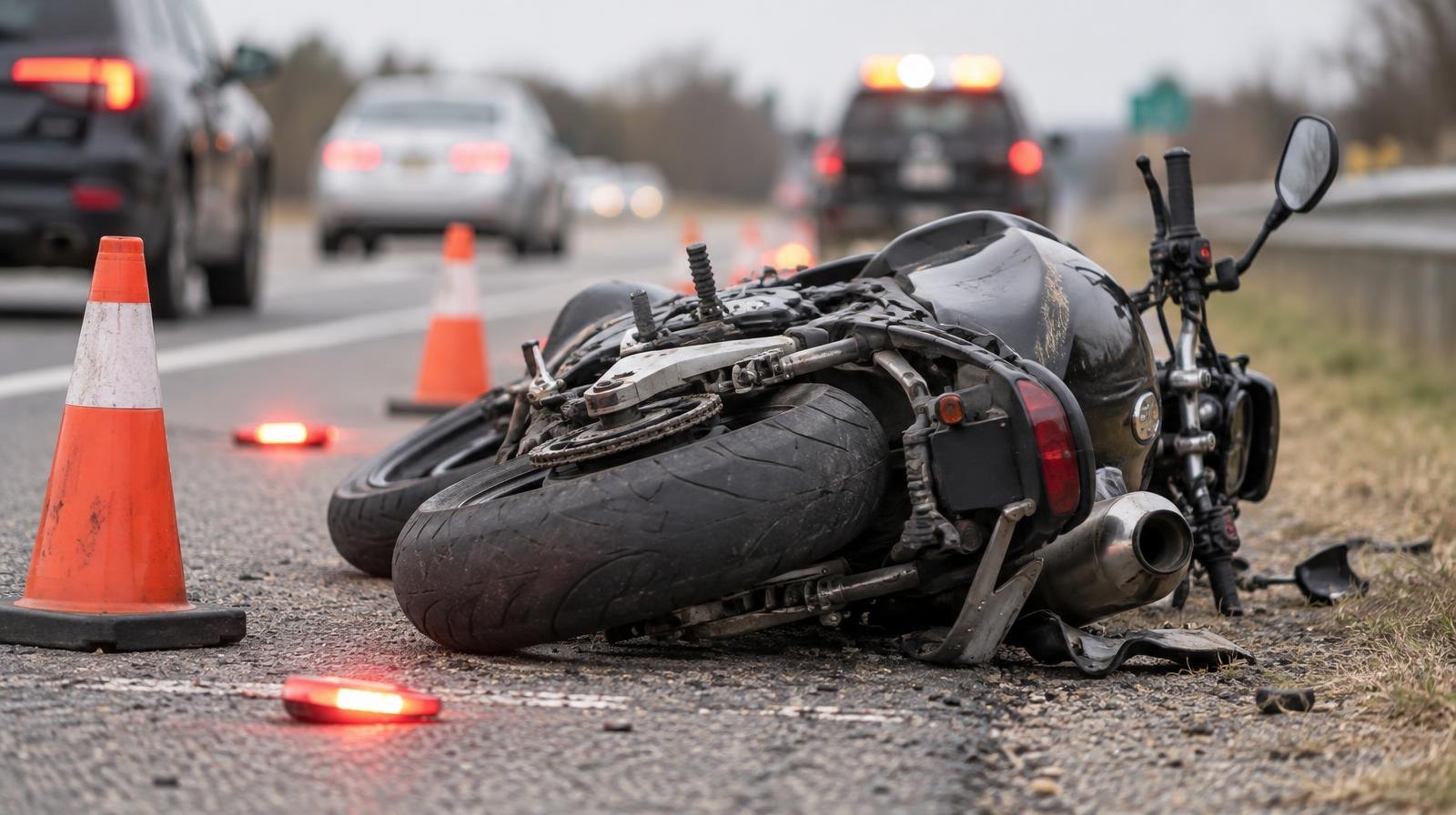A motorcycle on its side on a road shoulder with traffic cones and flares around it.