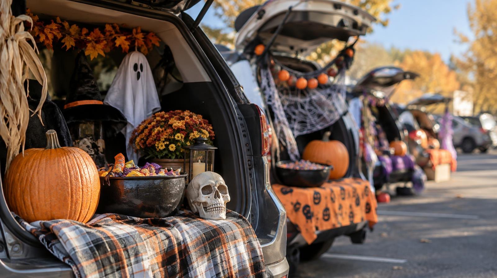Row of open car trunks decorated with Halloween ornaments and candy bowls.