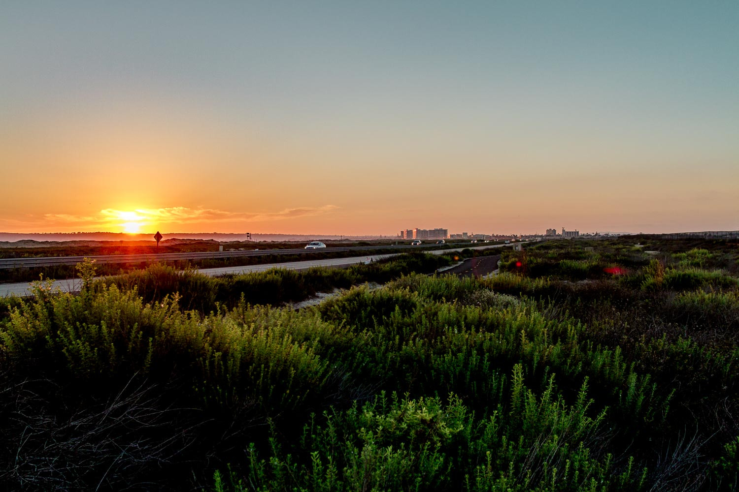 Coastal scrubland at sunset with a road, lone figure, and distant city skyline.