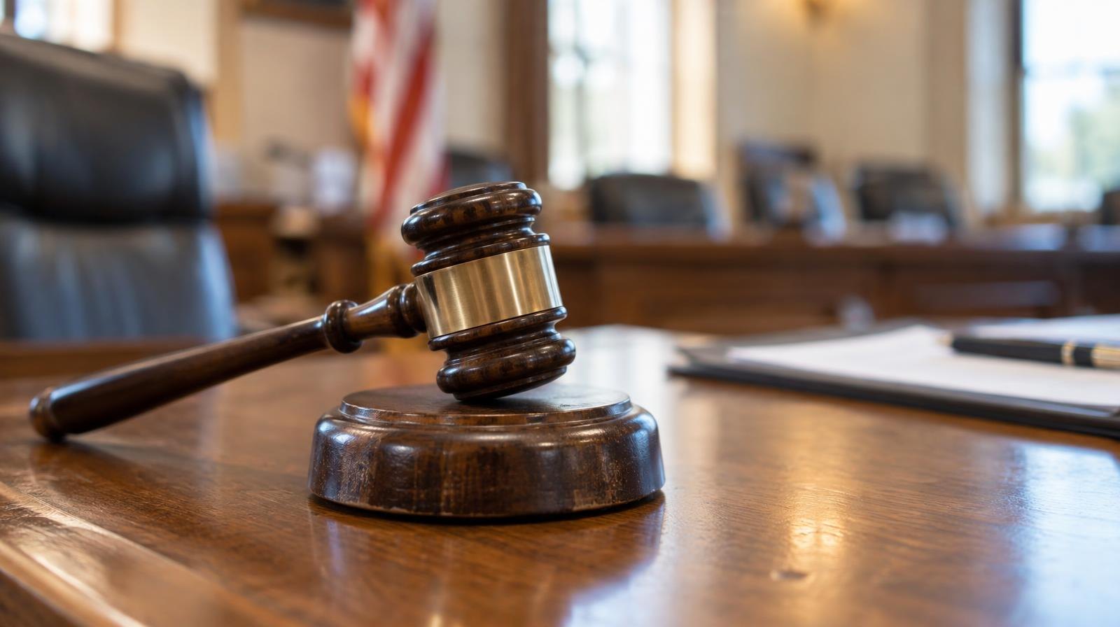 A wooden gavel resting on its sound block on a polished table.