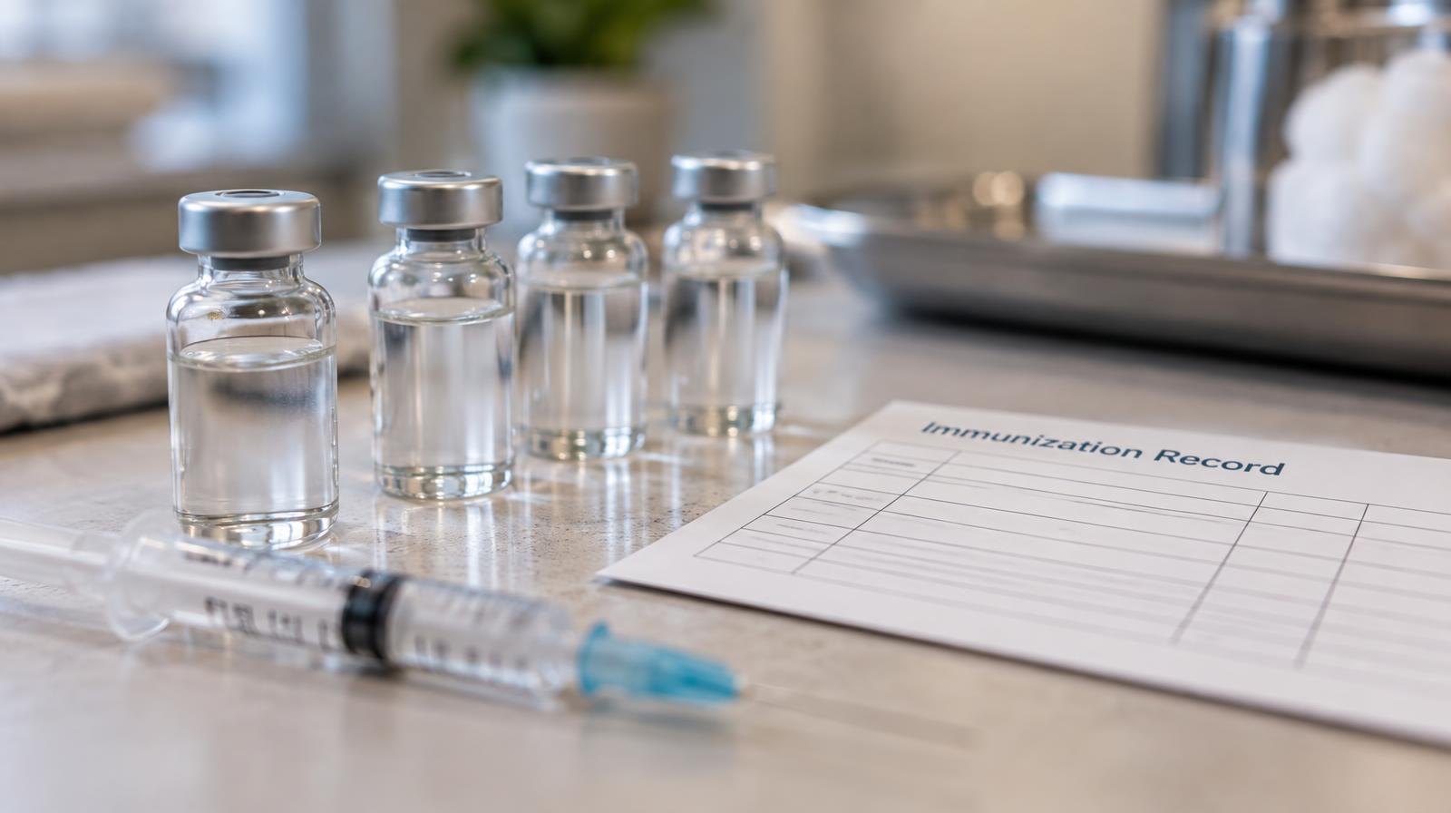 Vaccine vials and a syringe arranged on a surface next to an immunization record card.