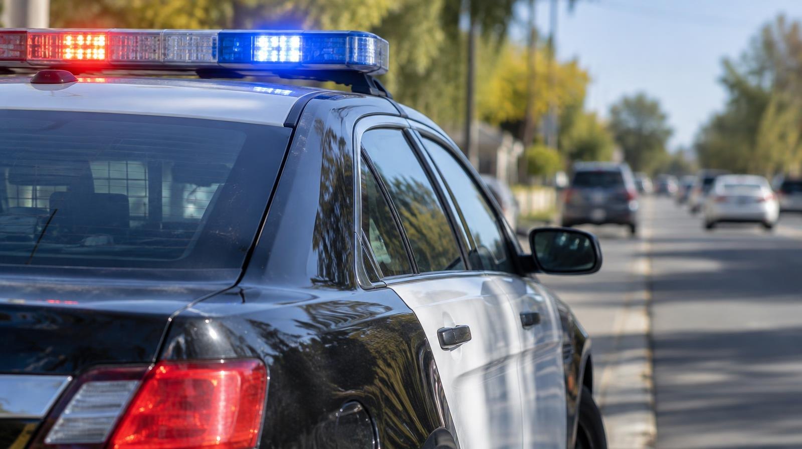 A police patrol car with red and blue lights on parked on a suburban road shoulder.