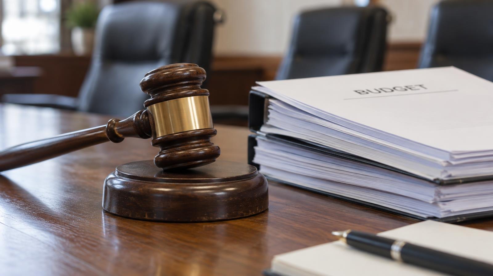Wooden gavel on its sound block next to stacked papers on a table.