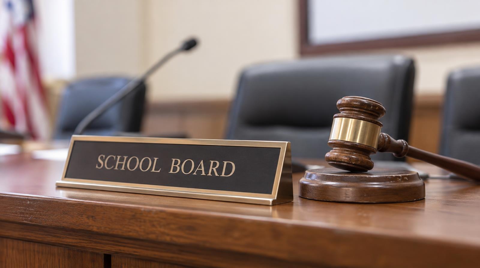 A wooden gavel and nameplate on a dais in an empty meeting room.