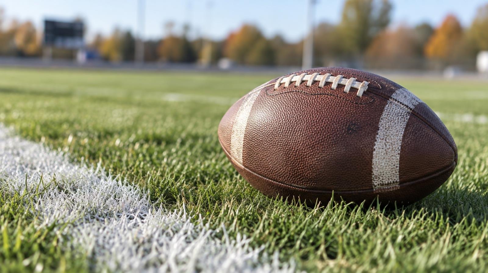 An American football resting on green grass beside a white yard line.