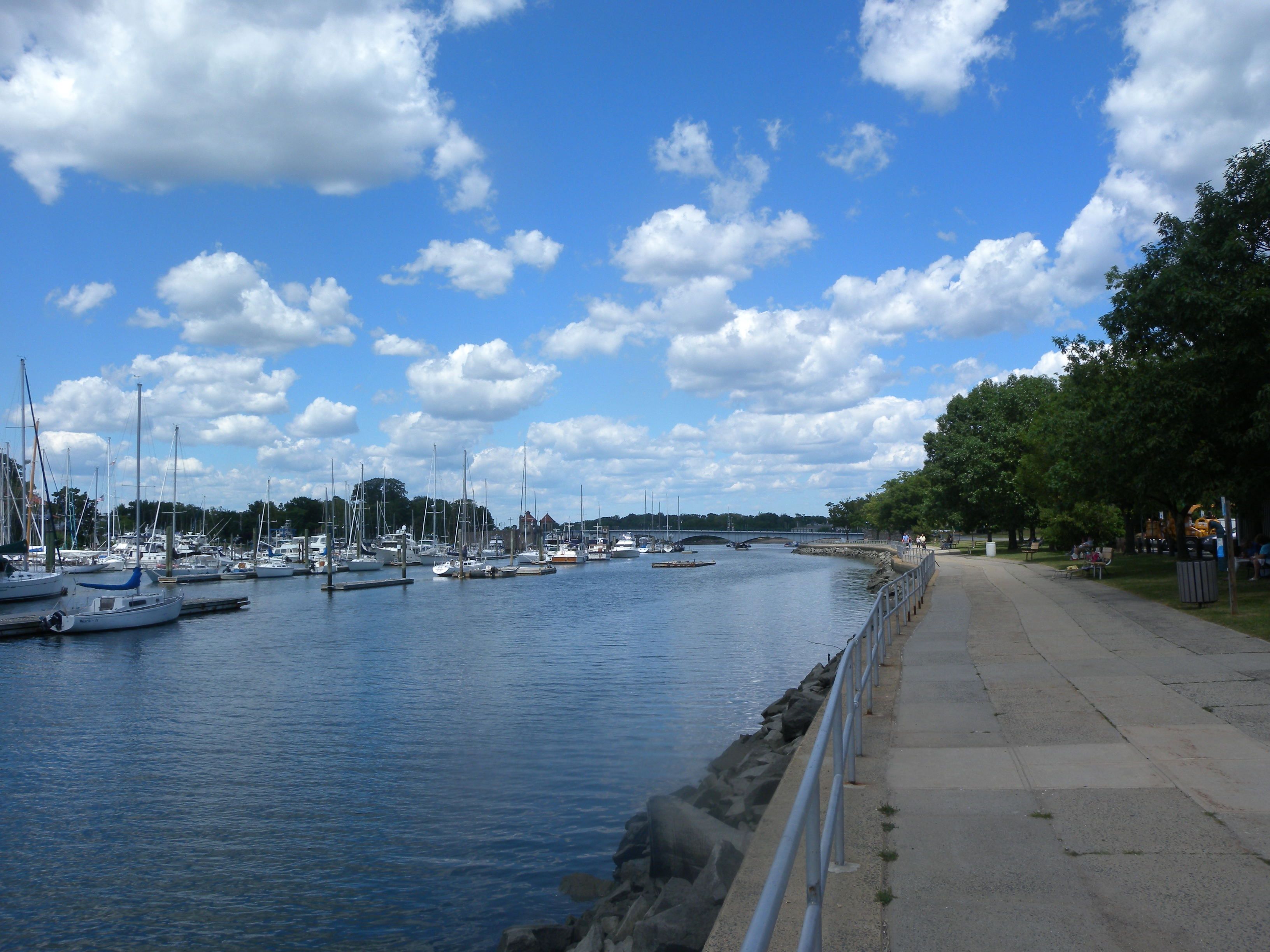 Marina channel with moored sailboats and a tree-lined walkway on a sunny day.