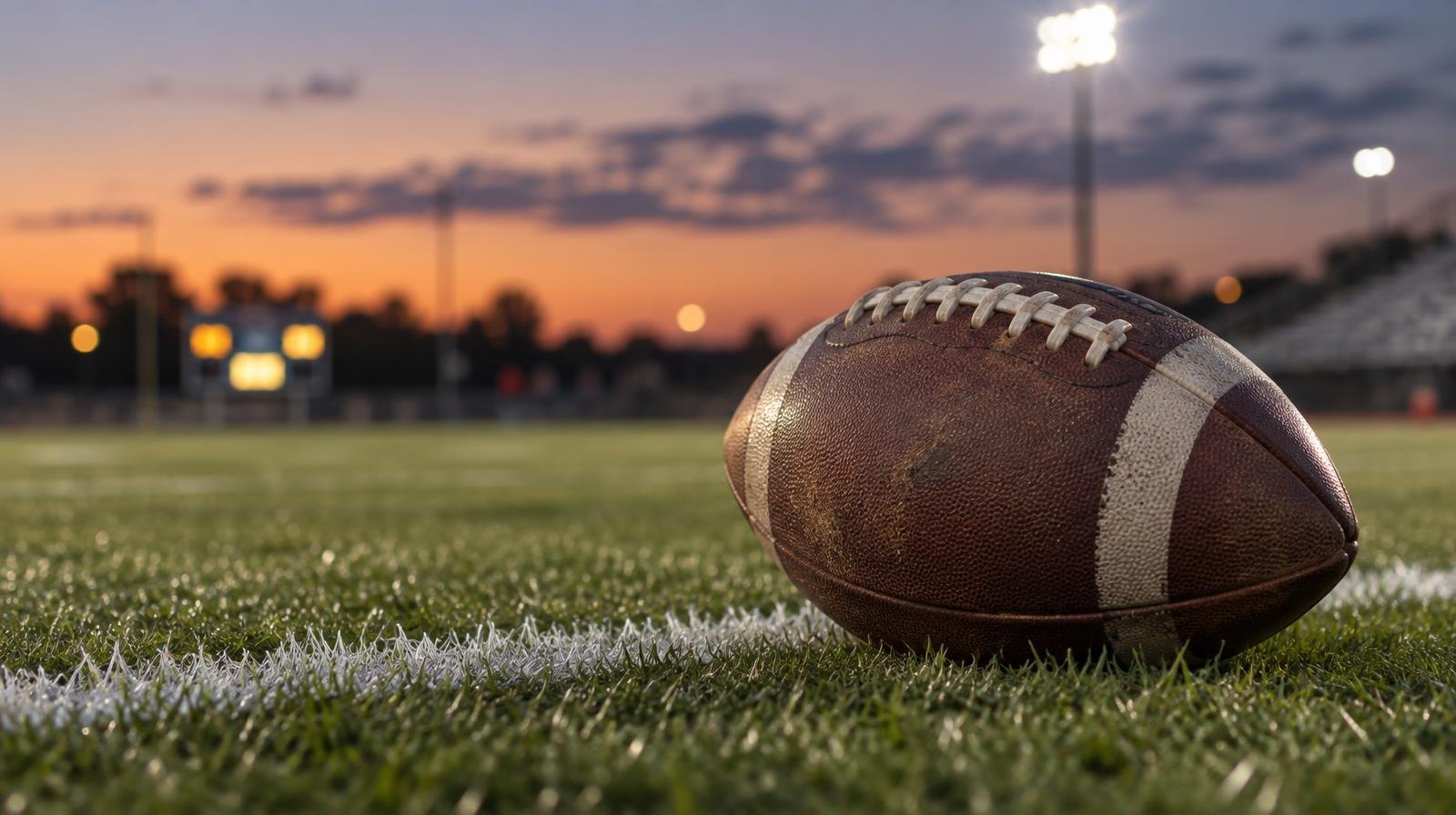 An American football on a grass field with stadium lights glowing in the background at dusk.