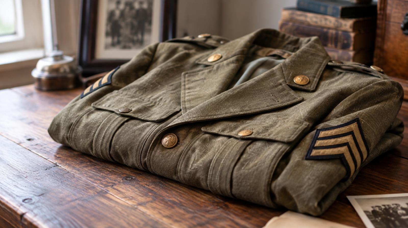 Folded vintage military uniform jacket with sergeant chevron patches on a wooden table.