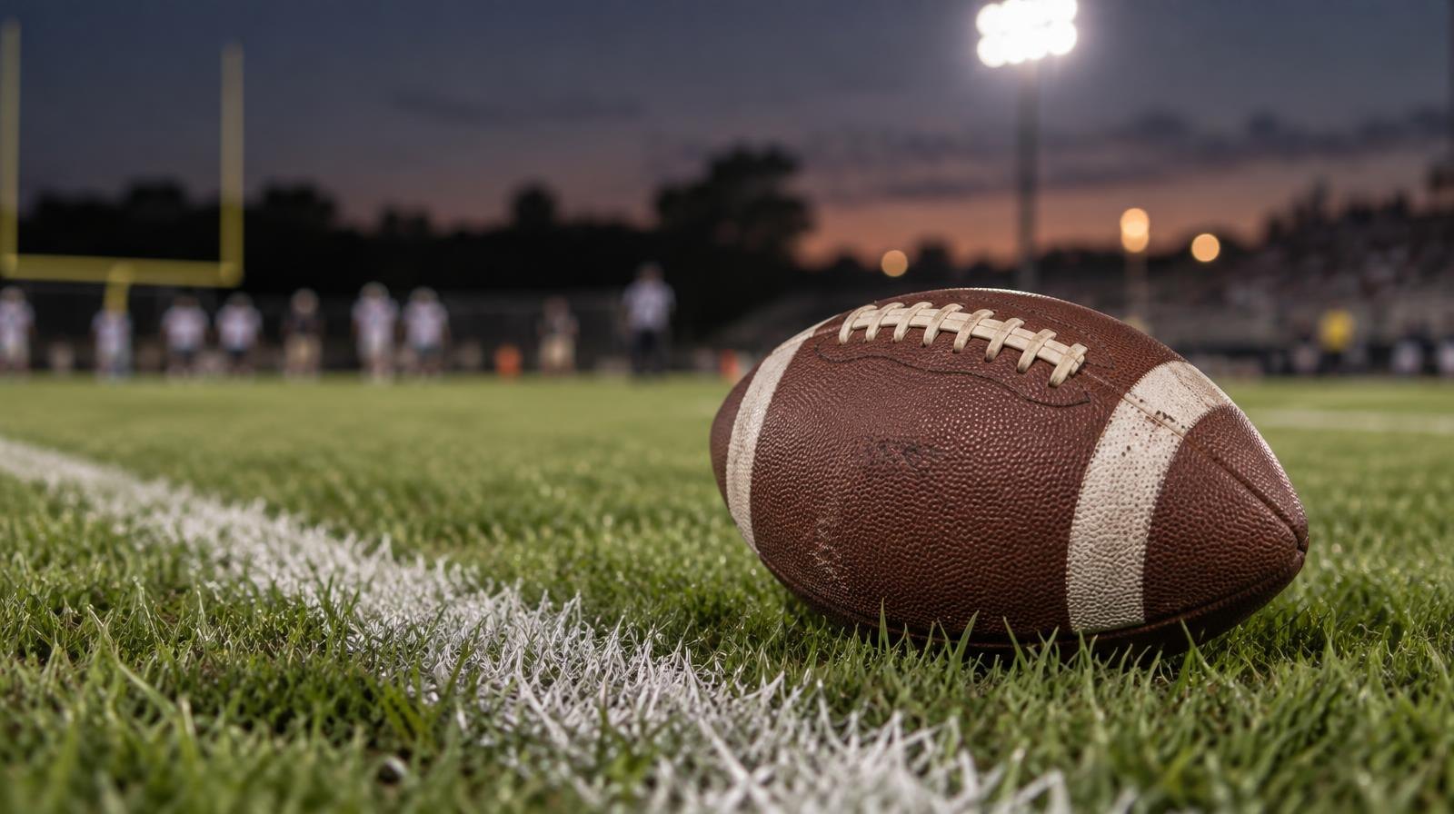 An American football resting on green grass next to a painted white yard line