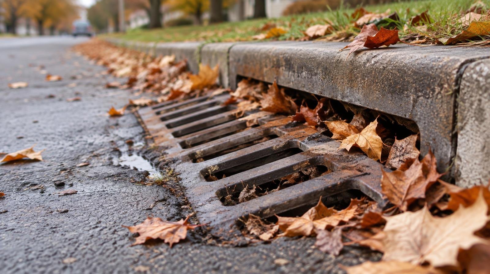 Autumn leaves scattered around a metal storm drain grate set into a curb.