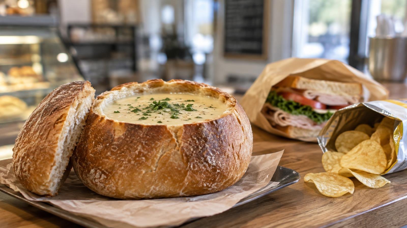 A sourdough bread bowl filled with soup beside a wrapped sandwich on a counter.