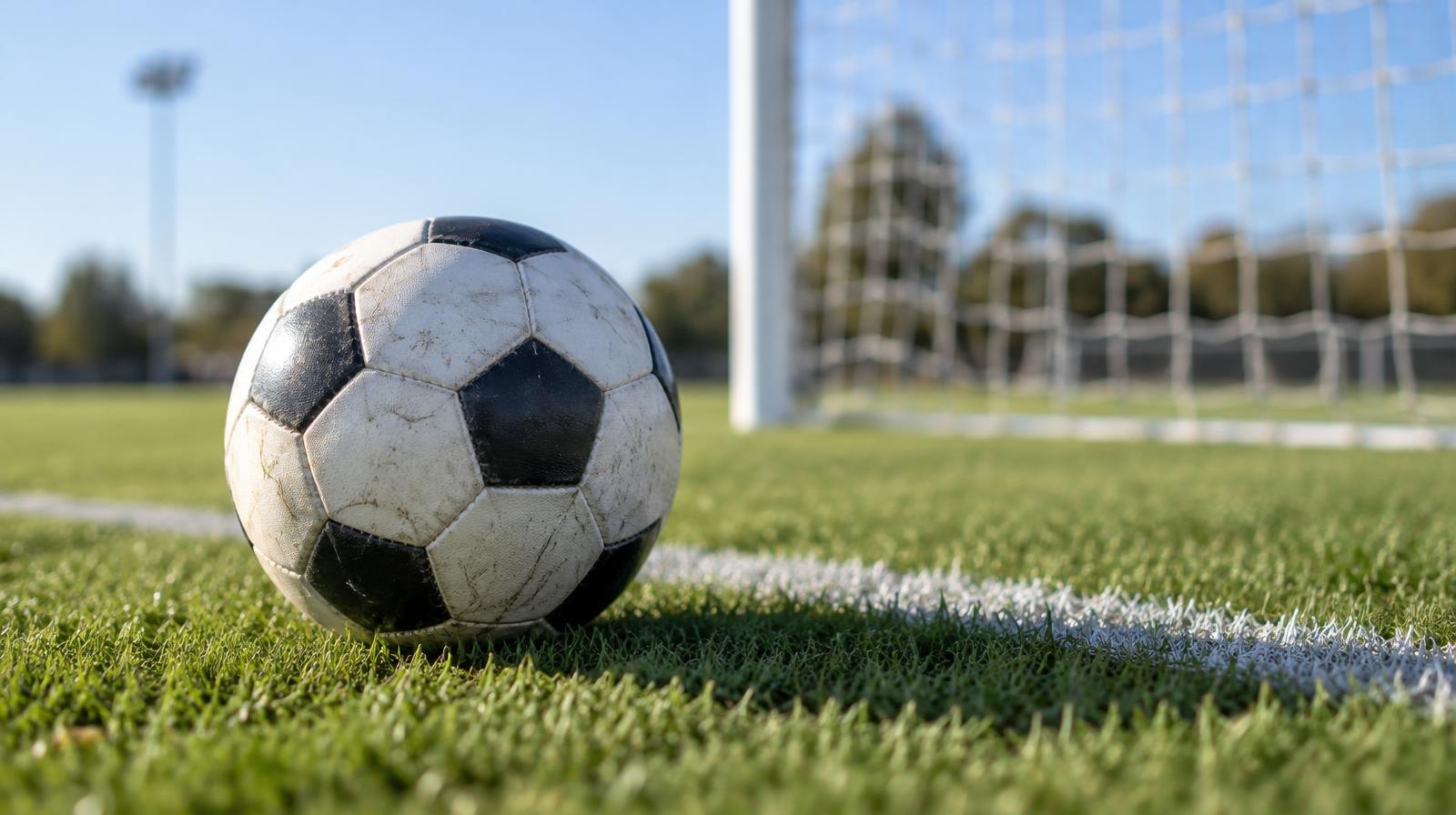 A black-and-white soccer ball on green grass in front of a goal net.