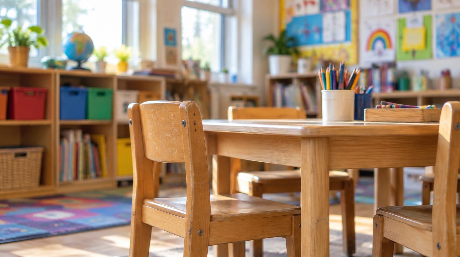 Bright preschool classroom with small wooden chairs, a low table, and colorful artwork on the walls.