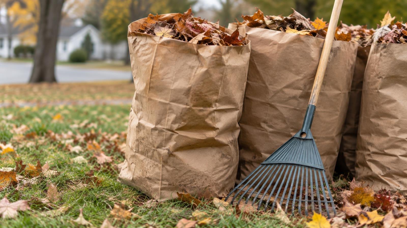 Paper bags filled with autumn leaves beside a rake on a grass lawn.