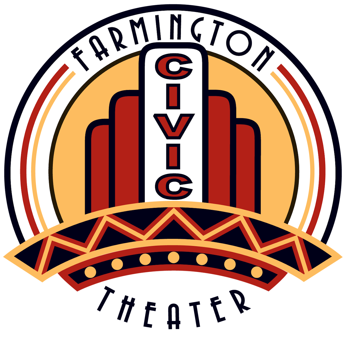 Circular Art Deco-style logo for the Farmington Civic Theater with a vertical marquee sign.