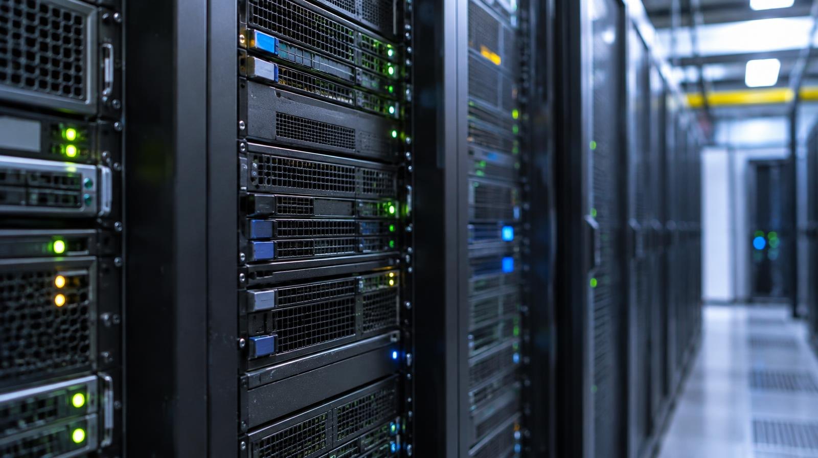 Tall black server racks with blinking indicator lights in a blue-lit data center aisle.