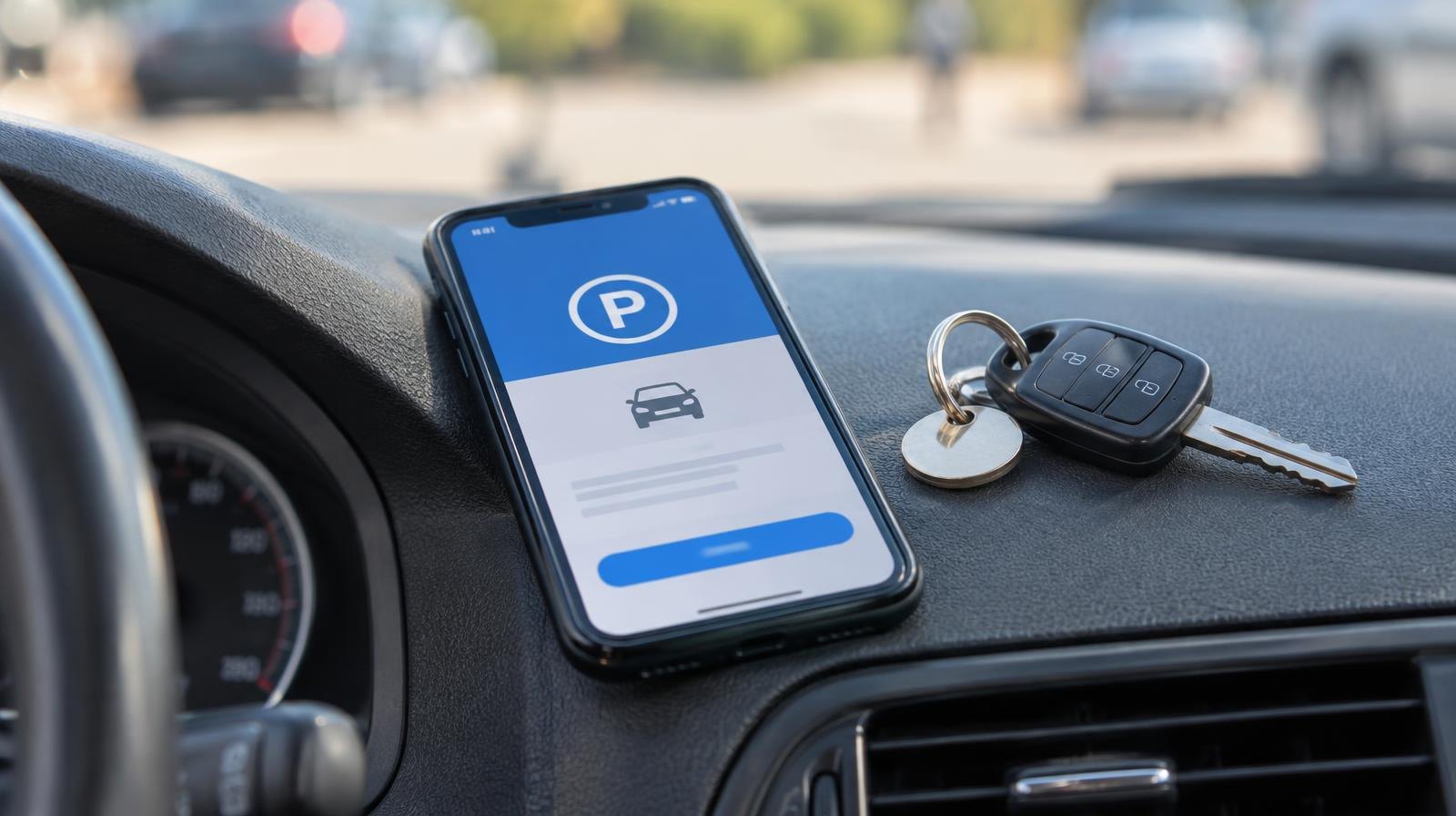 A smartphone with a parking app on a car dashboard next to car keys.