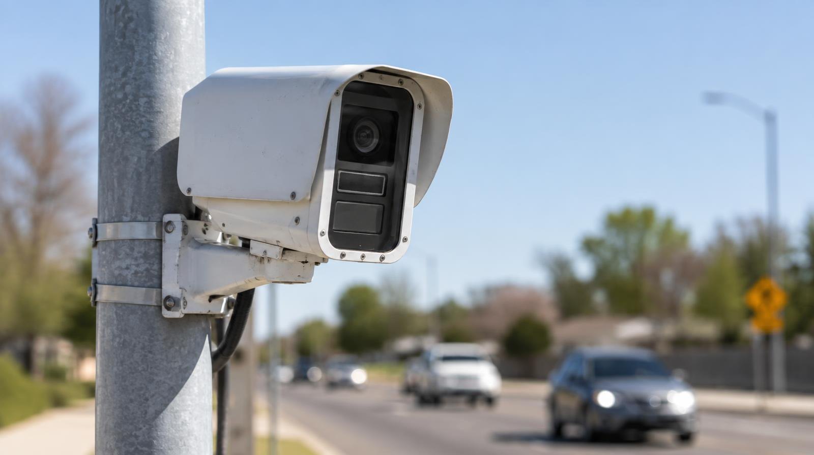White automated license plate reader camera mounted on a metal pole beside a road.