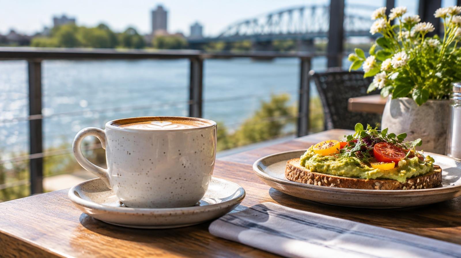 A café table with a coffee cup and small plate on a sunny outdoor riverside patio.
