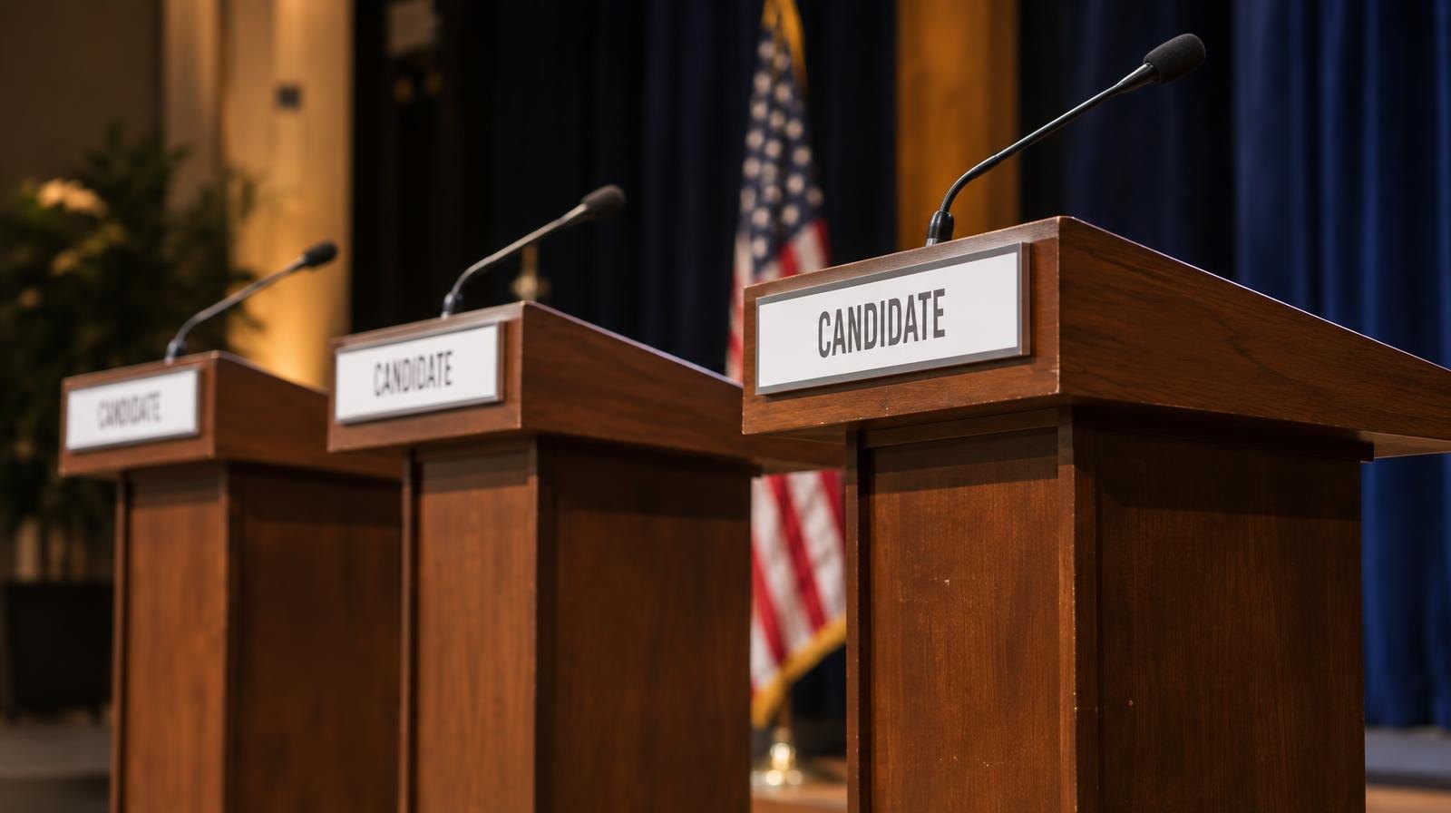 A row of empty podiums with microphones on a stage under warm lighting.