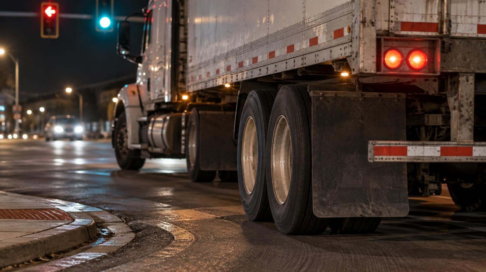 Rear tires of a large tractor-trailer turning at a nighttime urban intersection.