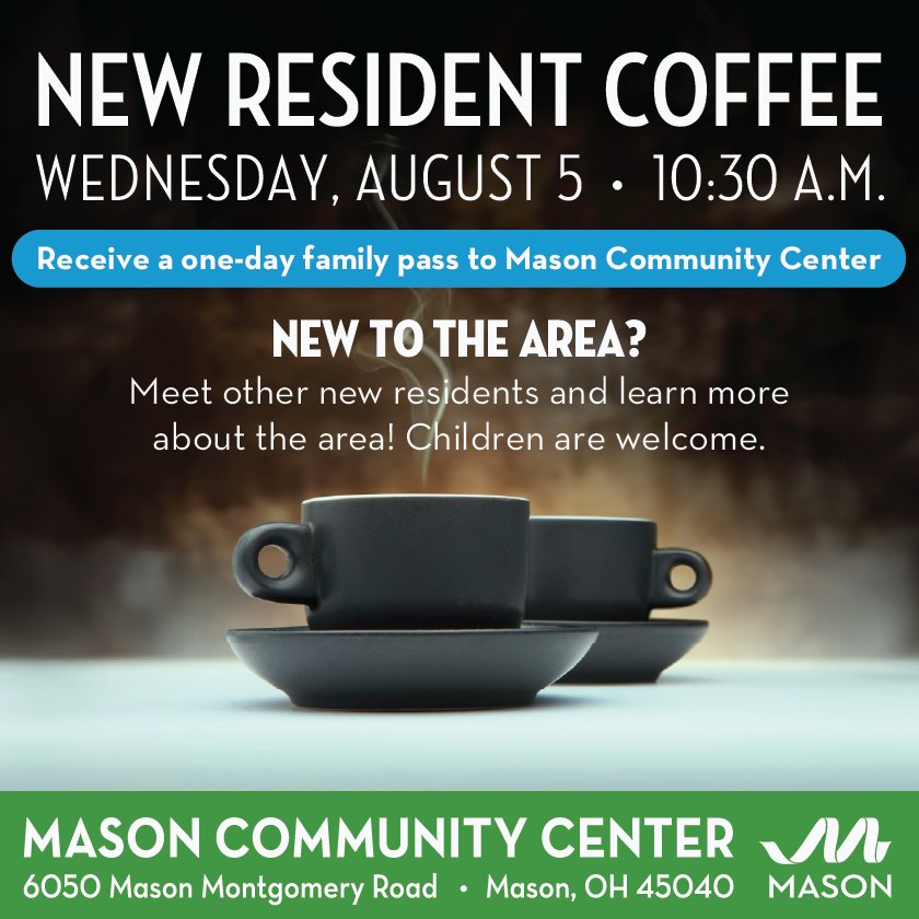 Event flyer for New Resident Coffee showing a coffee cup, date, time, and address.