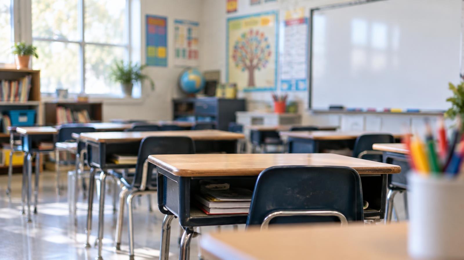 Empty elementary school classroom with small desks, a whiteboard, and colorful wall posters.