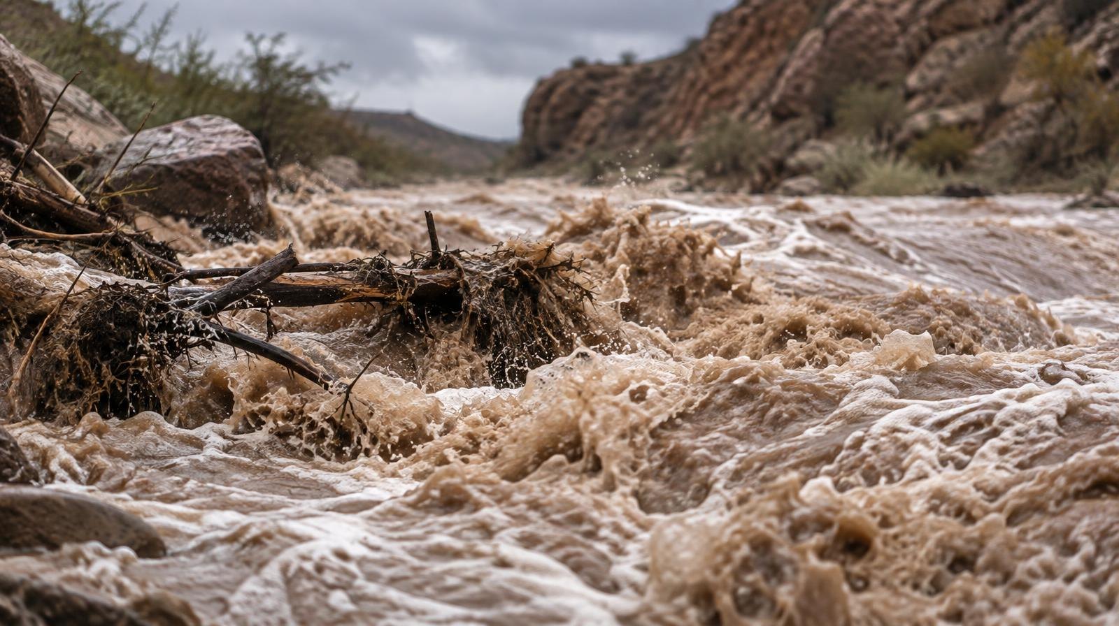 Rushing brown floodwater churning through a dry desert wash with debris and foam.