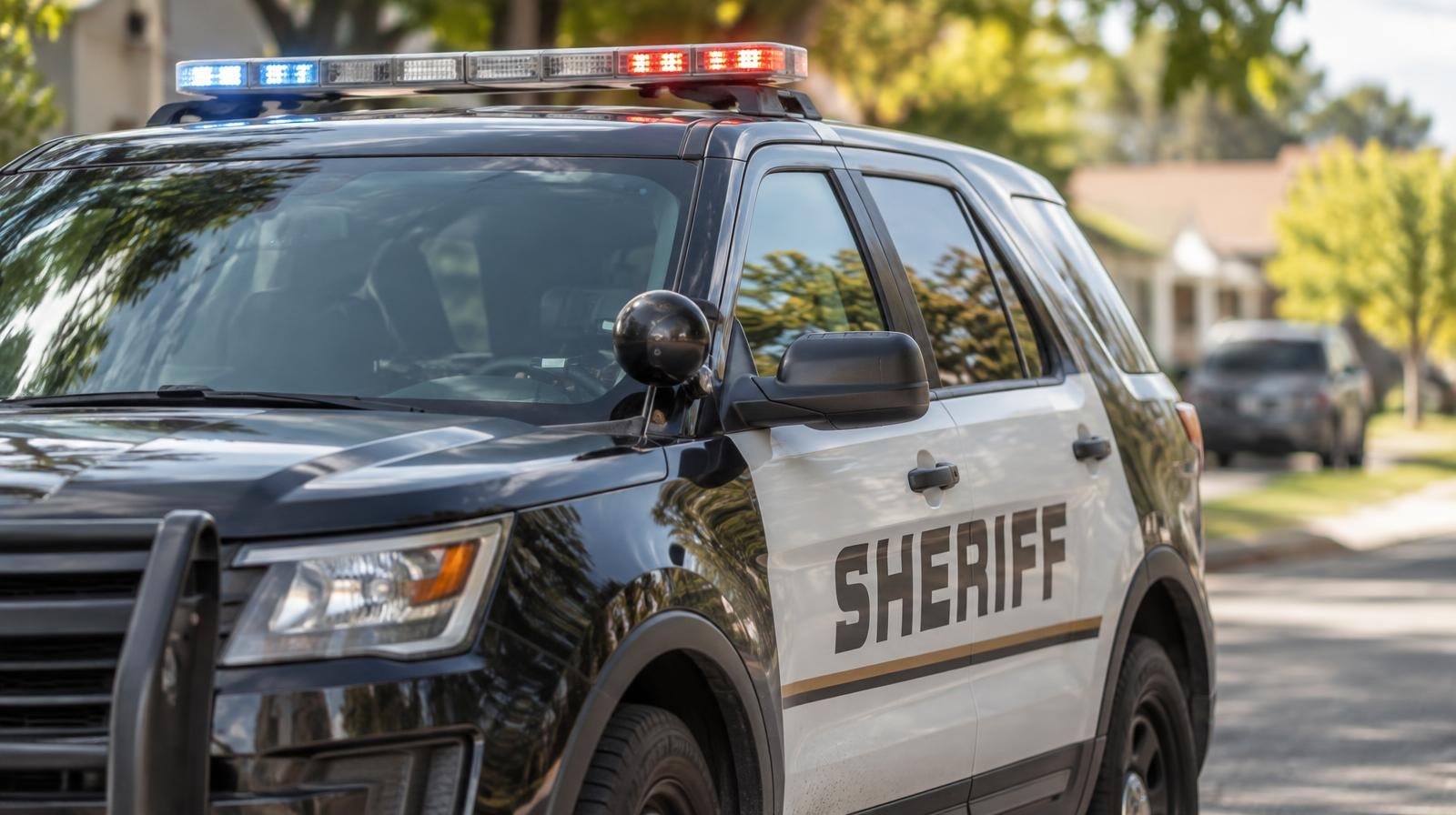 A sheriff's department patrol vehicle with a light bar on top parked on a quiet street.
