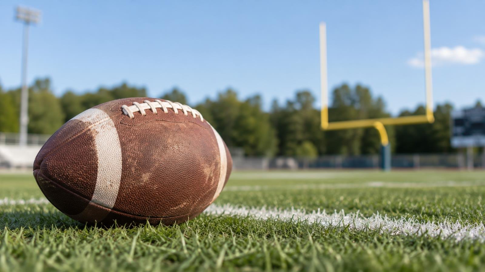 An American football resting on green grass near a white yard line with goal posts in the background.
