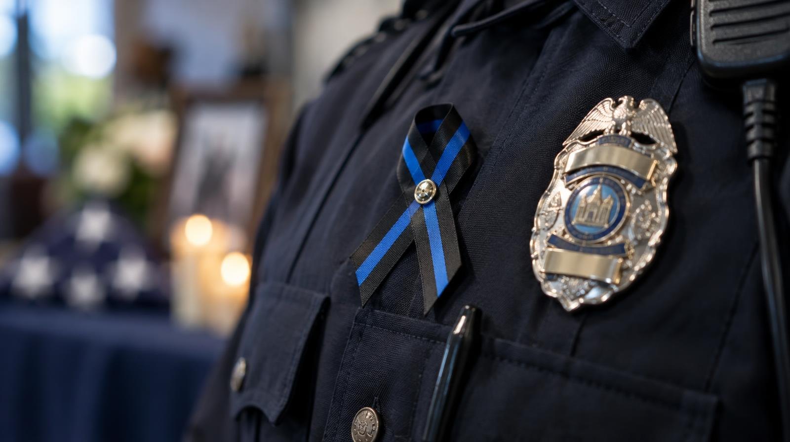 A thin blue line ribbon pinned to a dark navy police uniform near a badge.