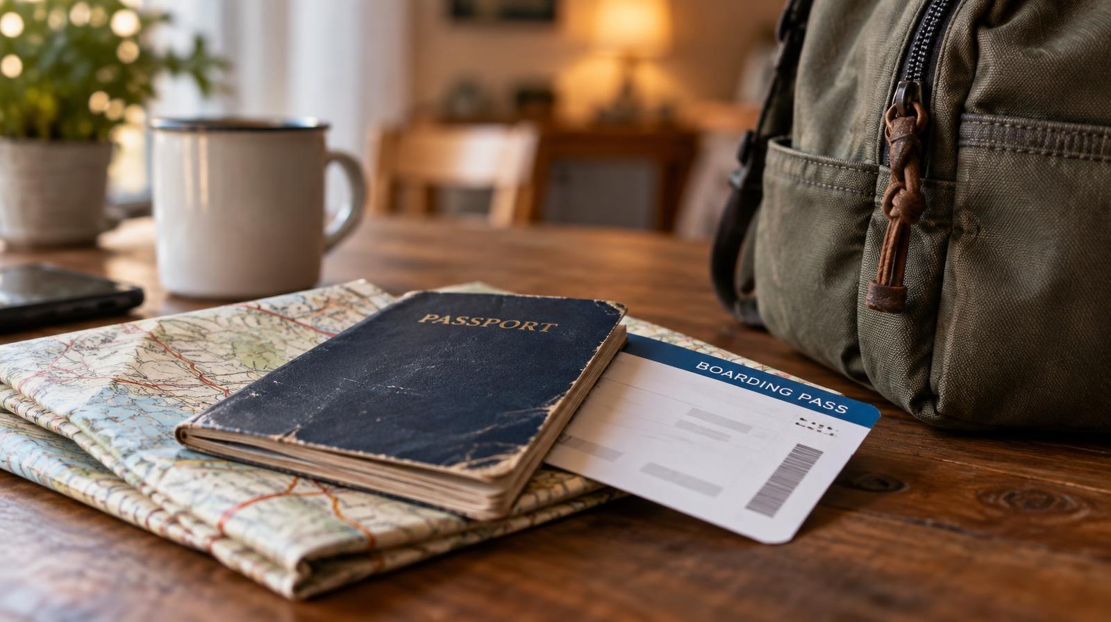 A worn passport, folded map, and boarding pass spread on a wooden table beside a backpack.