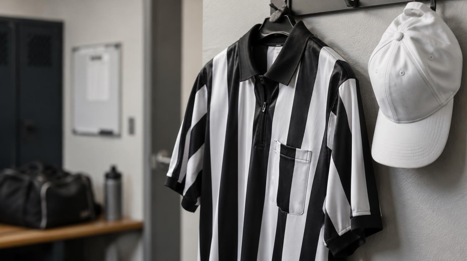 A striped black-and-white referee jersey and white cap hang on a hook.