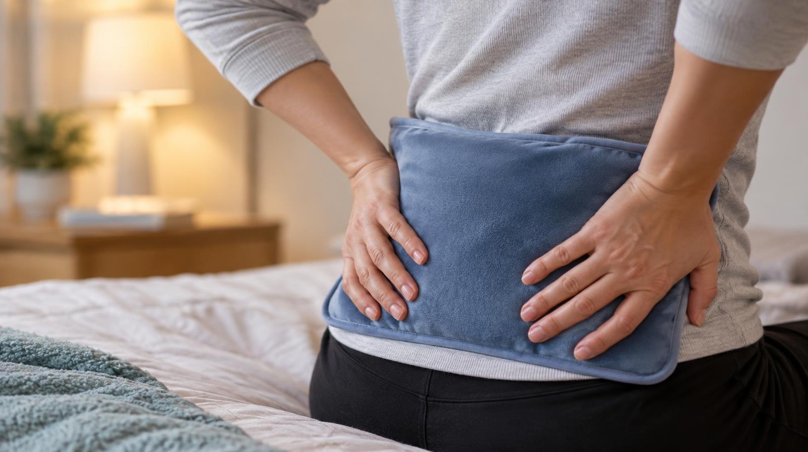 Hands pressing a heating pad against a lower back.