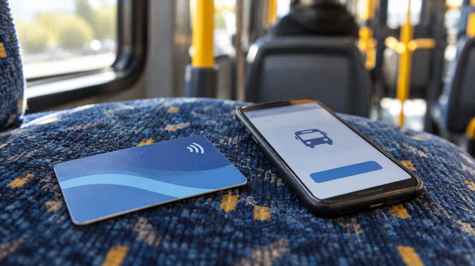 A tap card and smartphone resting on a bus seat.