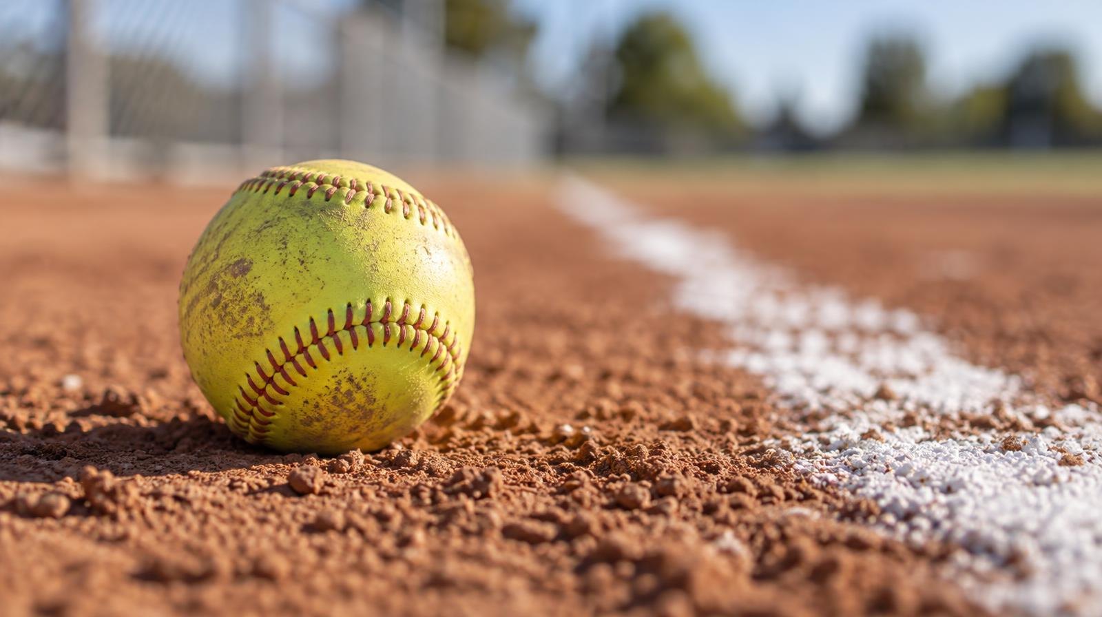 A yellow softball resting on red clay dirt next to a white chalk line.