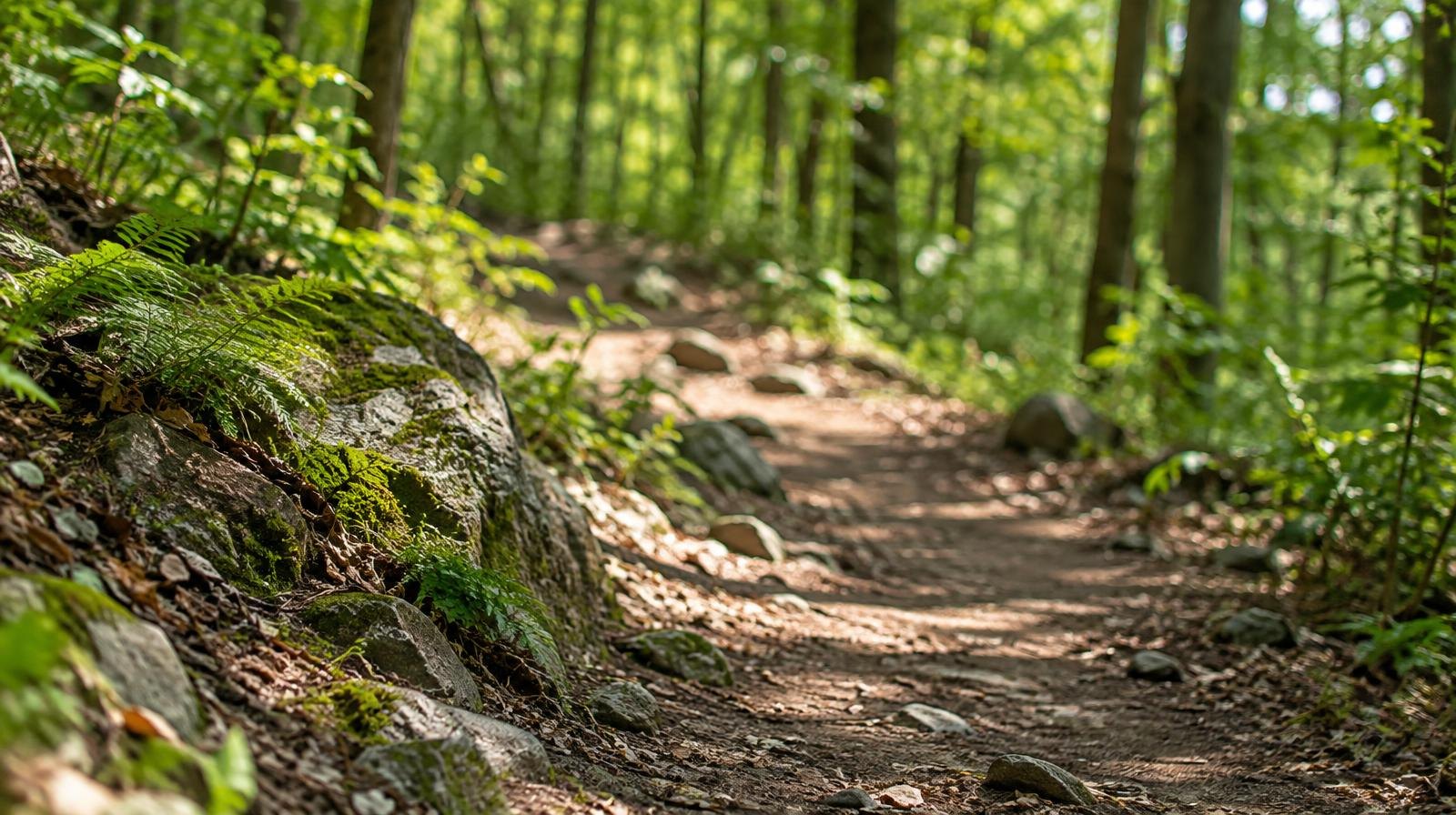 A dirt hiking trail curves through a sunlit green forest.