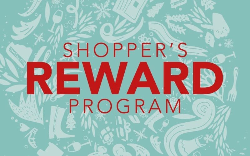 Teal promotional graphic with bold red text reading Shopper's Reward Program and holiday icons.