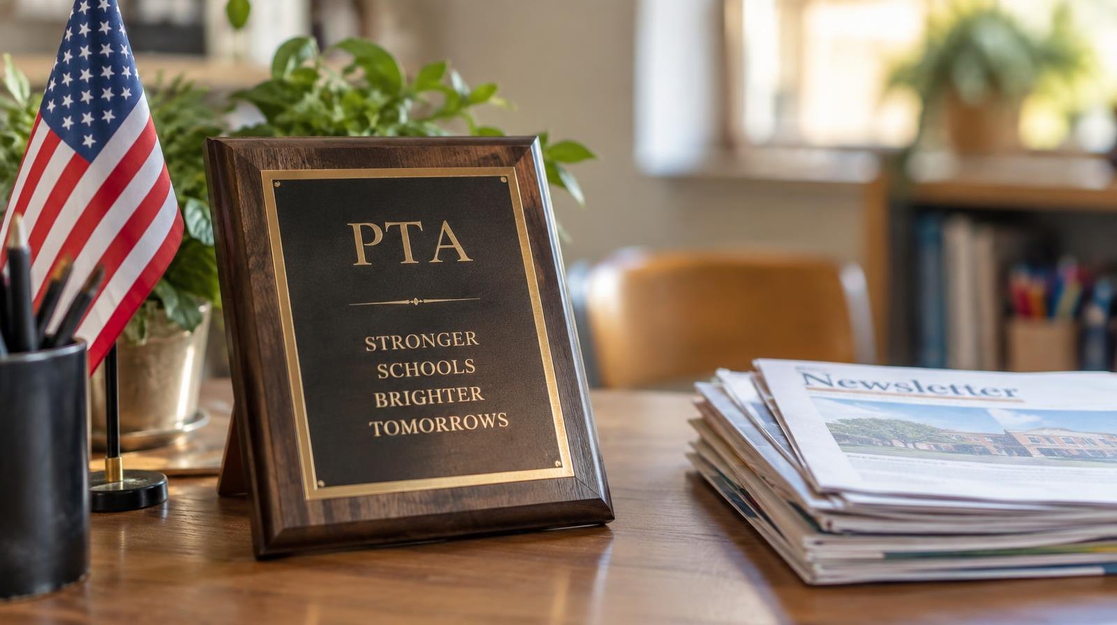 An award plaque on a wooden table beside a small flag and folded newsletters.