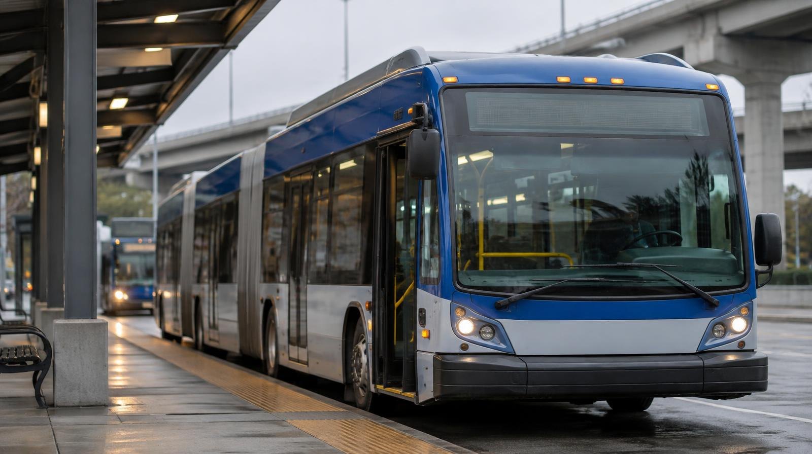 Articulated commuter bus stopped at a covered park-and-ride bus bay.