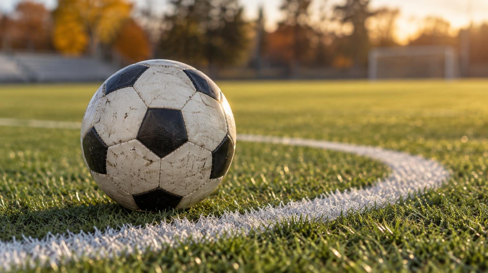 A soccer ball resting on the white center circle line of a green grass field.