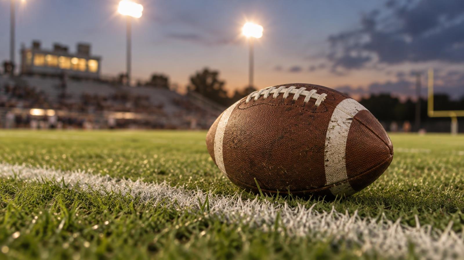 An American football resting on green grass near a white yard line.