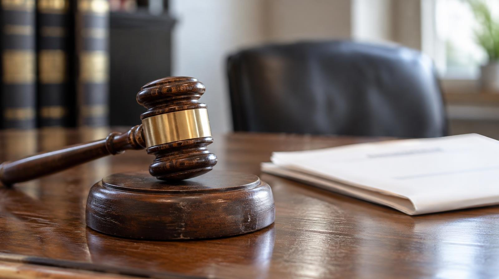 A wooden gavel on its sound block next to a folded document on a polished table.