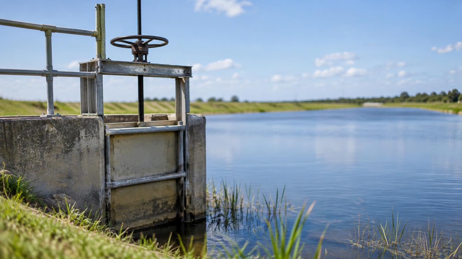 Calm open-air reservoir with blue sky reflected on still water and grassy banks.