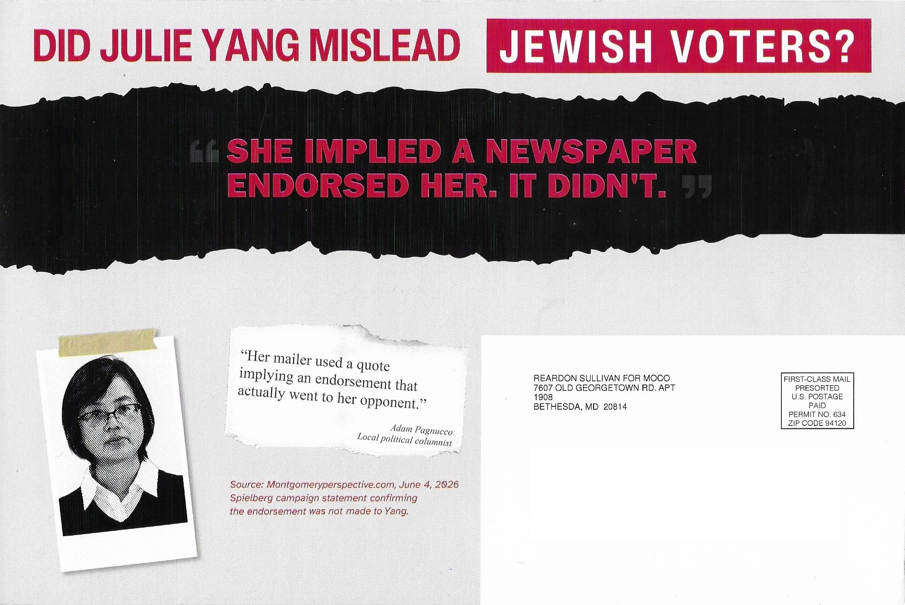 Political attack mailer asking whether a candidate misled Jewish voters, with a quote and candidate photo.
