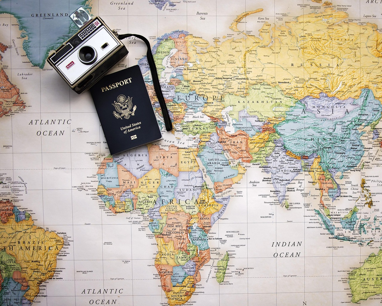 Passport, map, world, world map, trip, tourism, vacation, travel, planning, camera