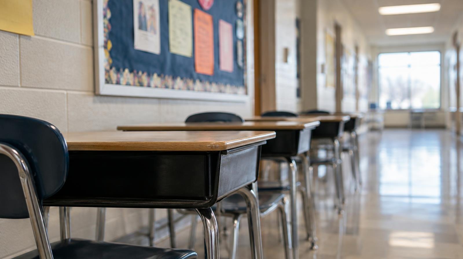 A row of empty student desks in a school hallway beside a bulletin board.