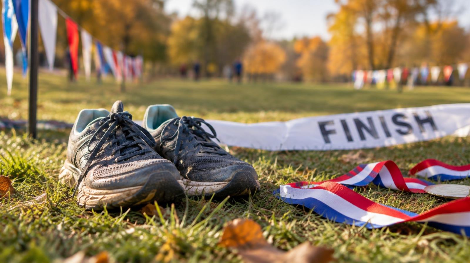 Small running shoes on grass beside a finish line tape and colorful race ribbons.