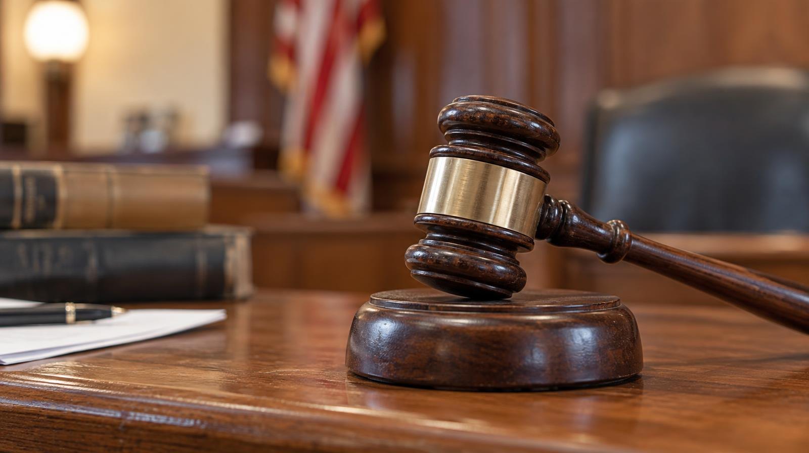 A wooden gavel resting on its sound block on a courtroom bench